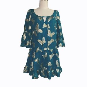 Juicy Couture Teal&Metallic Three-Quarter Sleeve Boho Mini Dress/Tunic/Sz 6/EUC!